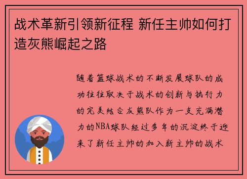 战术革新引领新征程 新任主帅如何打造灰熊崛起之路 战术革新引领新征程 新任主帅如何打造灰熊崛起之路